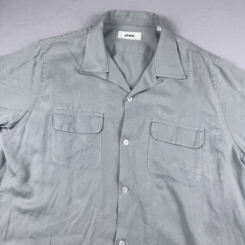 Buck Mason Linen Blend Camp Collar Short Sleeve Button Shirt Men L Pockets Blue
